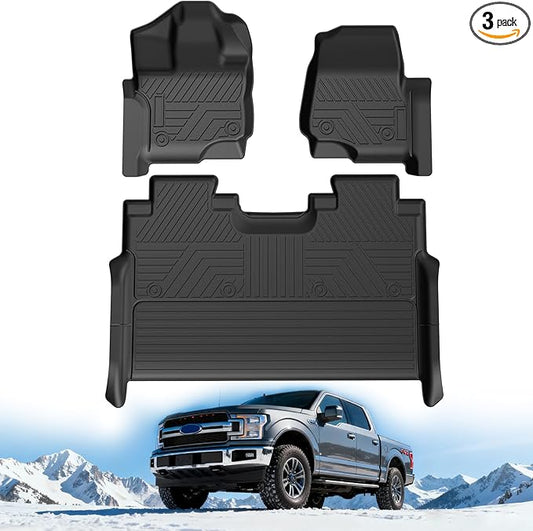 TPE All-Weather Floor Mats for Ford F-150 2015-2025 | Custom Fit Heavy Duty Truck Floor Liners | Front & Rear Row Protection | Durable, Odorless, Easy to Clean (3-Piece Set, Black)