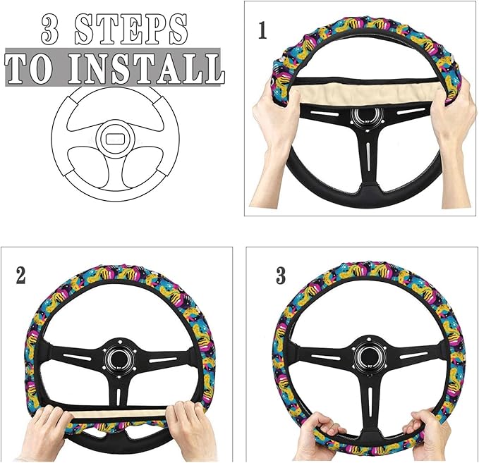 80s 90s Abstract Vintage Steering Wheel Covers Anti-Slip Elasticity Car Accessories Steering Wheel Protector Universal 15 Inch for Cars SUV Vehicle Truck