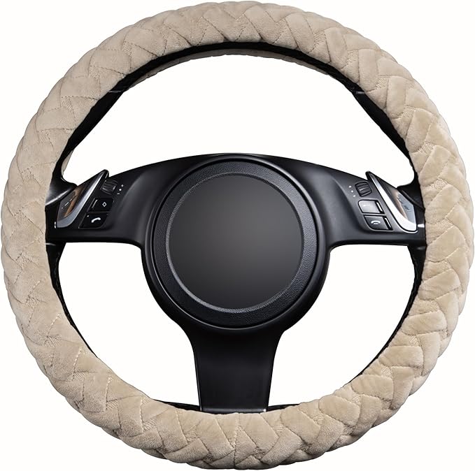 Flying Banner car Steering Wheel Cover Massage Velvet Warm Universal Size 15 inches SUV Truck Anti Slip Odorless Summer Winter (Beige, Velvet Massage)