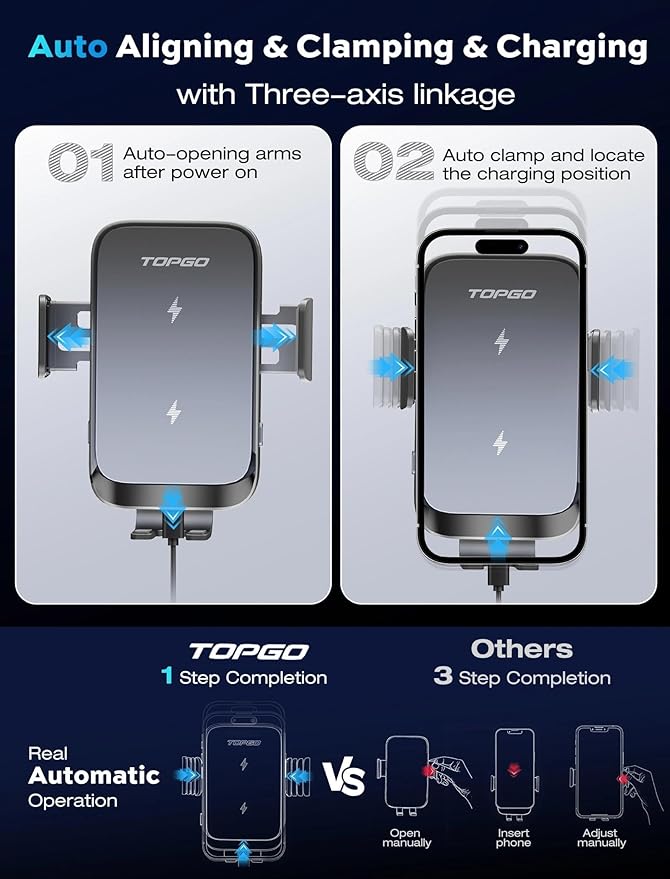 TOPGO Dual Coil Cup Phone Mount Wireless Charger, Universal Cell Phone Holder, Cup Holder 15W Fast Charging for iPhone 17 16 Pro Max, Samsung Galaxy - Black