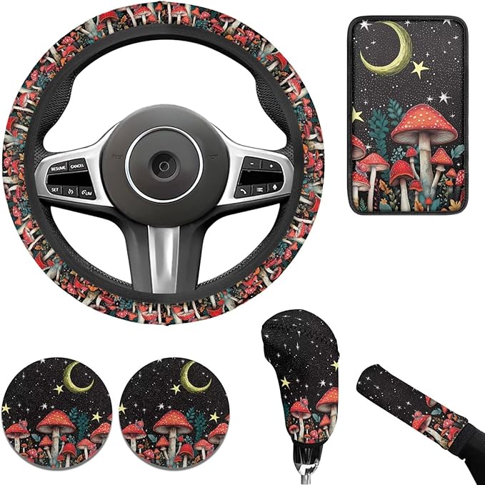Moon & Mushroon Car Decor Set Steering Wheel Cover Cute Armrest Cushion Fashion Car Interior Accessories for Men Women 6 PCS