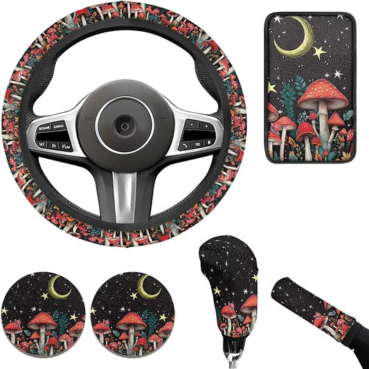 Moon & Mushroon Car Decor Set Steering Wheel Cover Cute Armrest Cushion Fashion Car Interior Accessories for Men Women 6 PCS