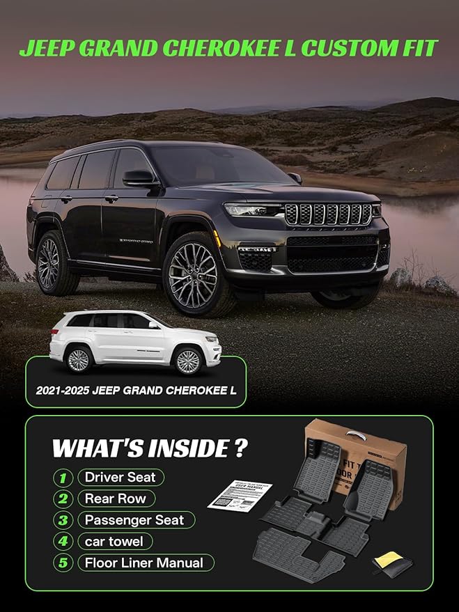 TPE All Weather Floor Mats & Cargo Liner for Jeep Grand Cherokee L 2021-2025 (only for 7-Seater) Custom Fit Floor Mats&Trunk Mat with Backrest Mats,Car Accessories(6-Piece Set, Black)