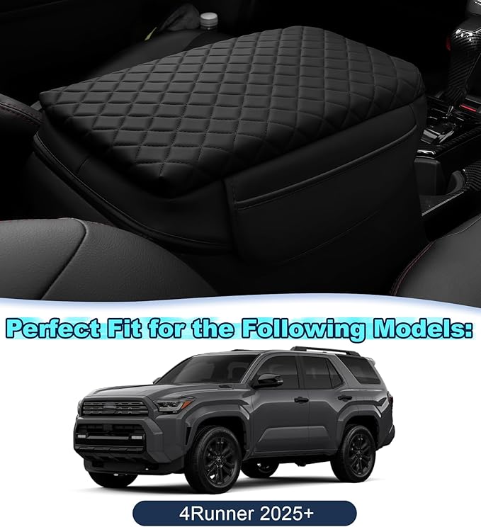 Armrest Cover for Toyota 4Runner Center Console Pad with Organizer Storage Pockets, Black Faux Leather Arm Rest Lid Protector Cushion Interior Accessories (2025-2026)