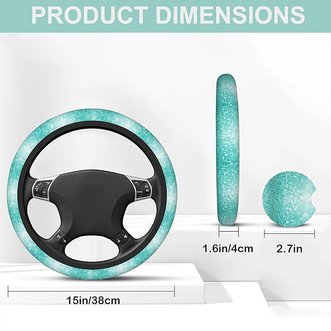 Teal Turquoise Green Glitter Bling Steering Wheel Cover for Women Men,Anti-Slip Breathable Car Steering Wheel Cover Elastic Protection with 2 Pieces Car Coasters,Universal 15" Fit Auto,Suvs,Truck