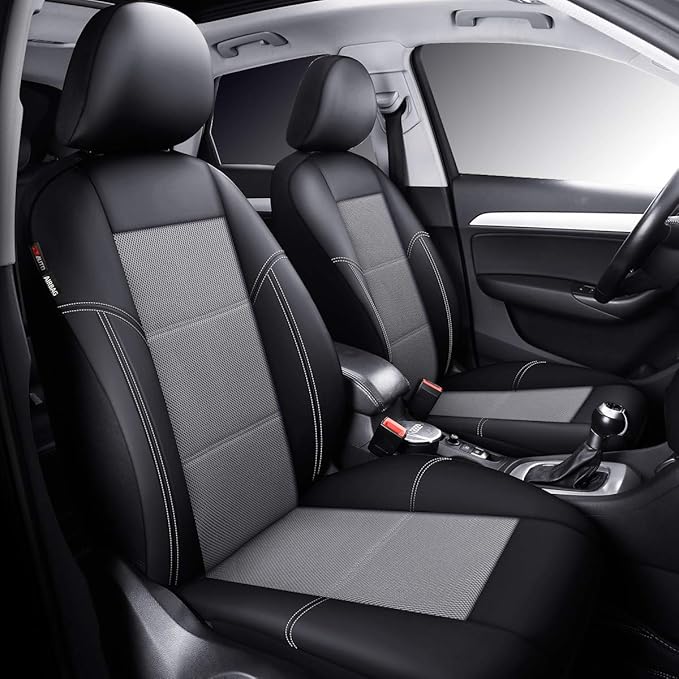 P&J AUTO Leather and Mesh Car Seat Cover Front Pair Universal Fit for Cars Trucks Vans & SUVs Airbag Compatible (Grey)