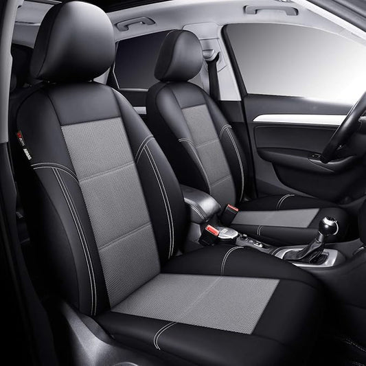 P&J AUTO Leather and Mesh Car Seat Cover Front Pair Universal Fit for Cars Trucks Vans & SUVs Airbag Compatible (Grey)