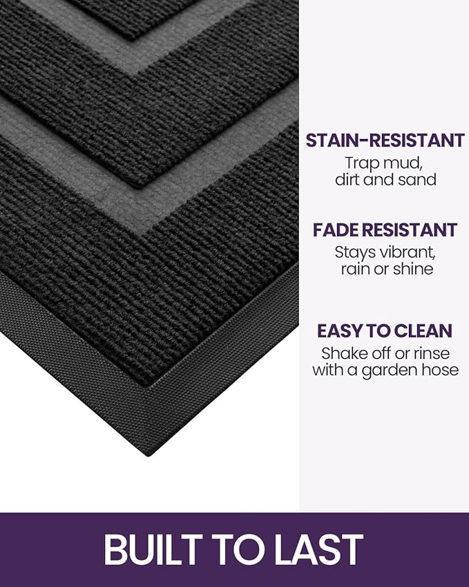 DEXI Front Door Mat Outside Entrance, Heavy Duty Rubber Backed Doormat, Stain and Fade Resistant, Low-Profile Easy Clean Entryway Floor Mats, 17x29, Rectangles Black