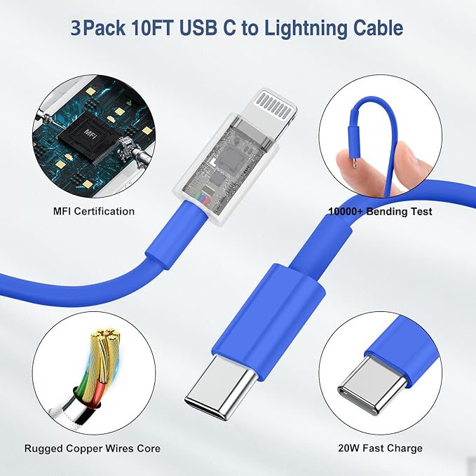 i Phone Charger Fast Charging 10 FT, 3-Pack 20W PD USB C Block with i Phone 14 13 Charger Cable 10 Foot, Compatible with iPhone 14 Pro 13Pro Max 12 11Pro Mini-Blue