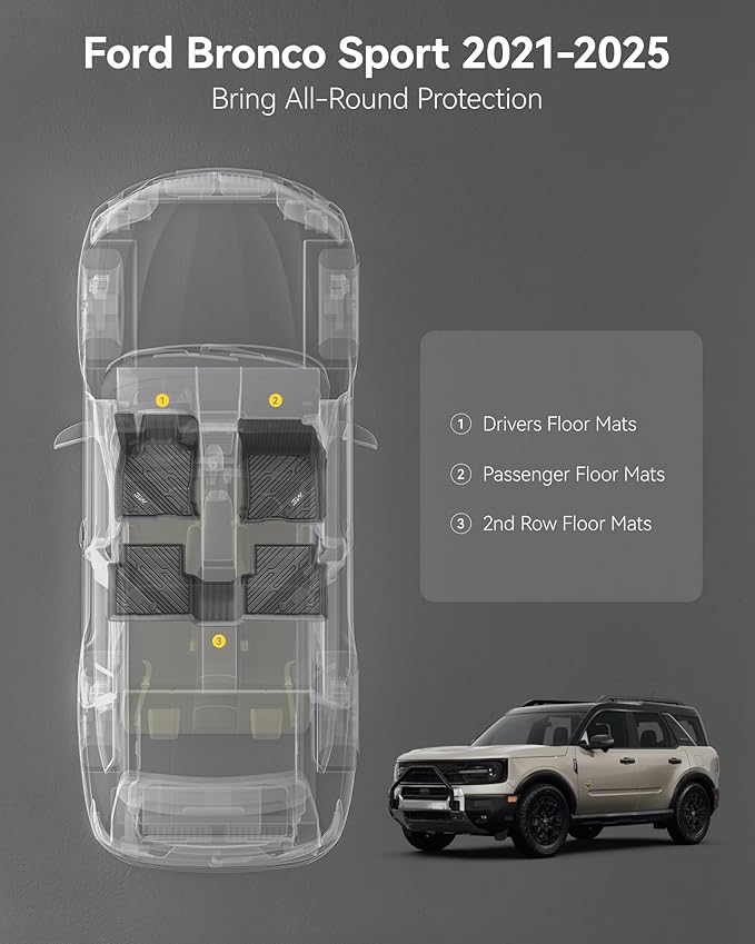 3W Floor Mats Fit for Ford Bronco Sport 2021 2022 2023 2024 2025 All Weather TPE Car Accessories Custom Fit Full Set Ford Bronco Sport Car Mats (Not for Bronco & Rubberized Floor & Outer Banks)