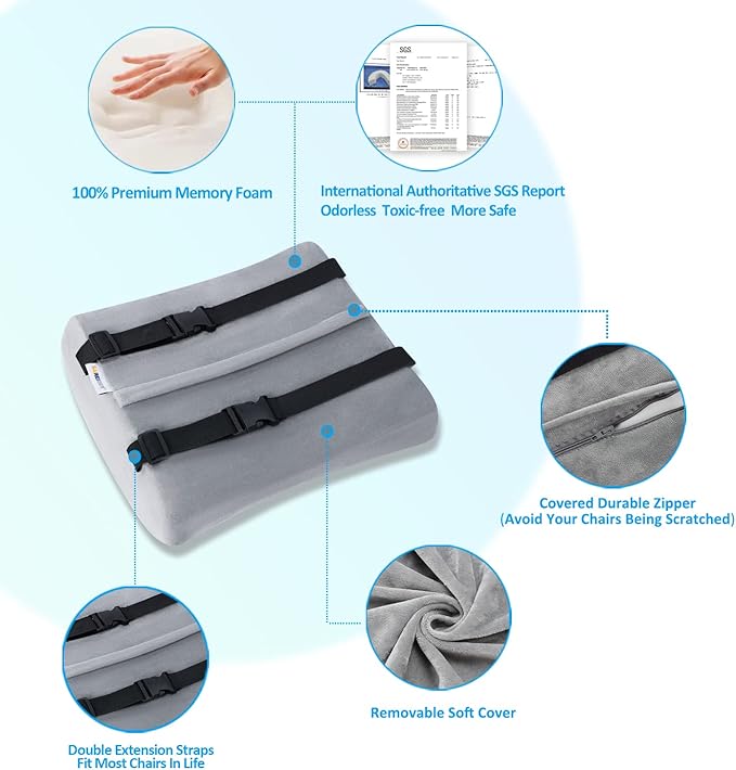 SAIREIDER Lumbar Support Pillow and Office Chair Cushion, Memory Foam Car Seat Cushions Back Support Pillows, Reduce Pressure On Tailbone and Sciatic Nerve, Relieve Pain of Back and Lumbar(Grey)