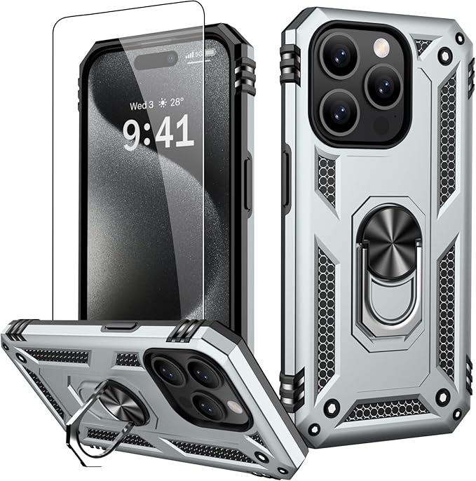 IKAZZ for iPhone 14 Pro Max Case 6.7 Inch with Screen Protector,Military Grade Shockproof Heavy Duty Protective Phone Cover Pass 16ft Drop Test with Magnetic Kickstand Car Mount Holder,Silver