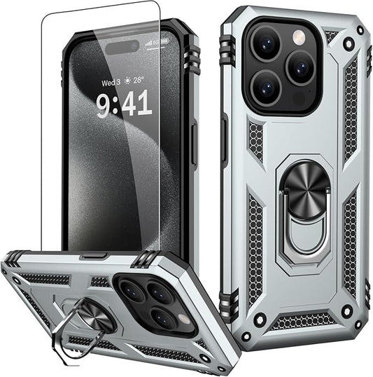 IKAZZ for iPhone 14 Pro Max Case 6.7 Inch with Screen Protector,Military Grade Shockproof Heavy Duty Protective Phone Cover Pass 16ft Drop Test with Magnetic Kickstand Car Mount Holder,Silver