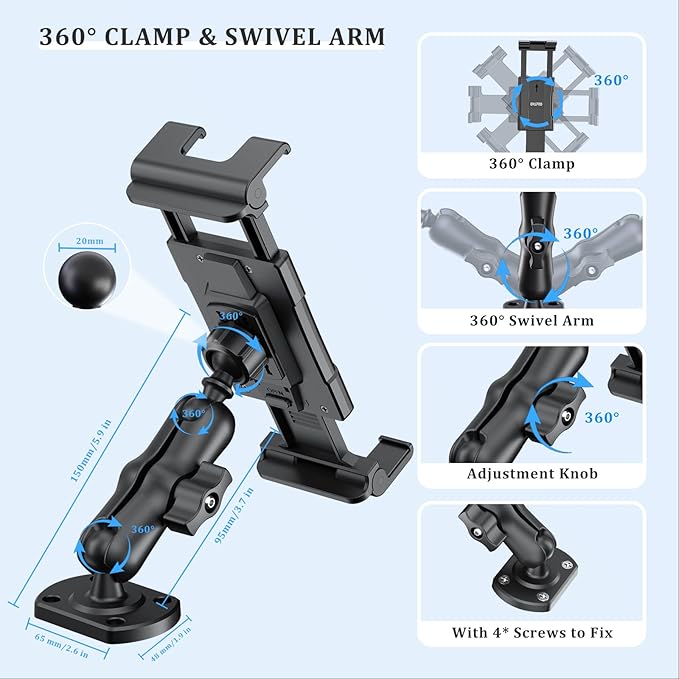 OHLPRO Tablet Holder for Car & Truck Dashboard Heavy Duty iPad Mount with Drill Base 360° Rotating Arm, Compatible with 5"-13" Tablets & Phones, Kindle, Ideal for Commercial Vehicles, Wall, Desk