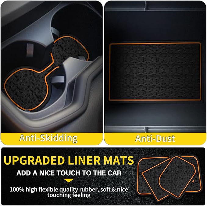 Premium Liner Mat Accessories Compatible with Toyota RAV4 2019-2024 and 2021-2024 RAV4 Prime, Custom Fit Cup Holder, Door Pocket and Center Console Inserts (Orange Trim, 14-PCS)