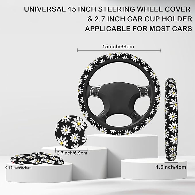 White Daisy Flowers Steering Wheel Cover with 2 Pcs Car Coasters Neoprene Steering Wheel Cover for Women Men Anti-Slip Breathable Car Accessories Universal 15 Inch Fit Auto Cars Trucks