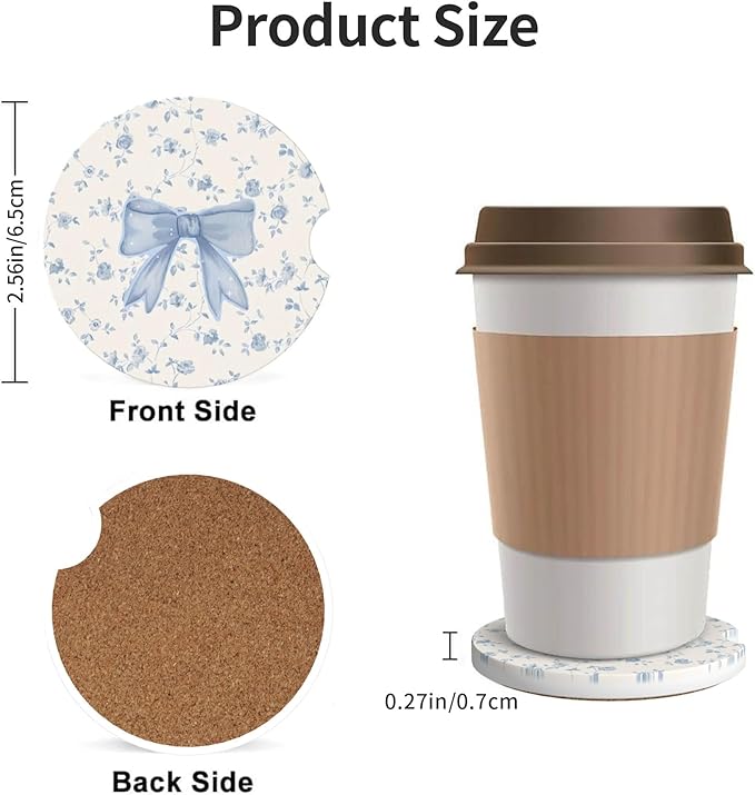 Absorbent Car Coasters for Cup Holders, 2 Pack Universal Anti Slip Ceramic Cup Coaster for Women Men 2.56 Inch Car Interior Accessories - Blue Bow Tie Flower