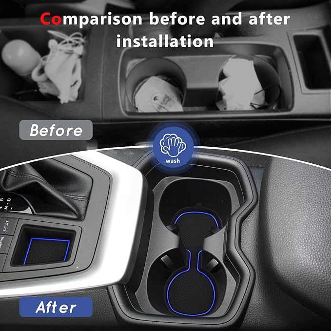 Auovo 3D Cup Holder Insert Liners Compatible with Toyota RAV4 Accessories 2025 2024 2023 2022 2021 2020 2019 Car Custom Cup Holder Mats Pads 4-pc Set (Dark Blue Trim)
