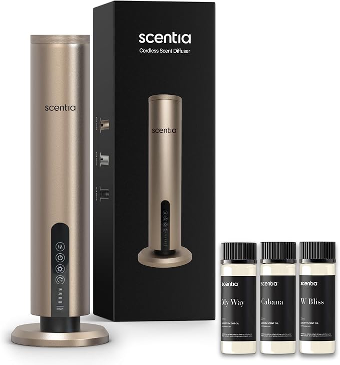 Scentia Max Diffuser for Home – Waterless Scent Diffuser with Wireless Control & Programmable Settings | Covers 1500 Sq Ft | Cold-Air Technology | Gold | Hotel Oils Included