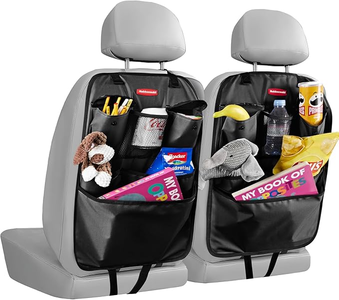 Rubbermaid Backseat Car Organizer, Kick Mats and Seat Back Protector, Car Organizer for Kids with 6 Storage Pockets, Travel Essentials for SUV, Truck, Car - 2 packs Black