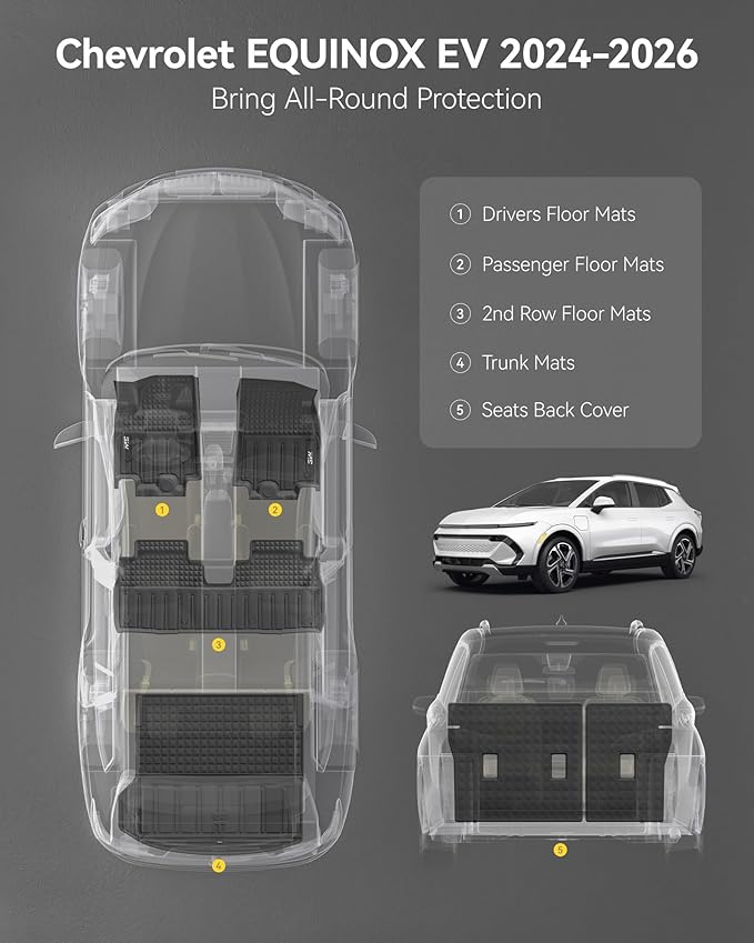 3W Floor Mats & Seat Back Mats & Cargo Liner for Chevrolet Chevy Equinox EV (Not Fit Gasoline) 2024-2025 2026, All Weather TPE Custom Fit Full Set Car Floor Mats, Black