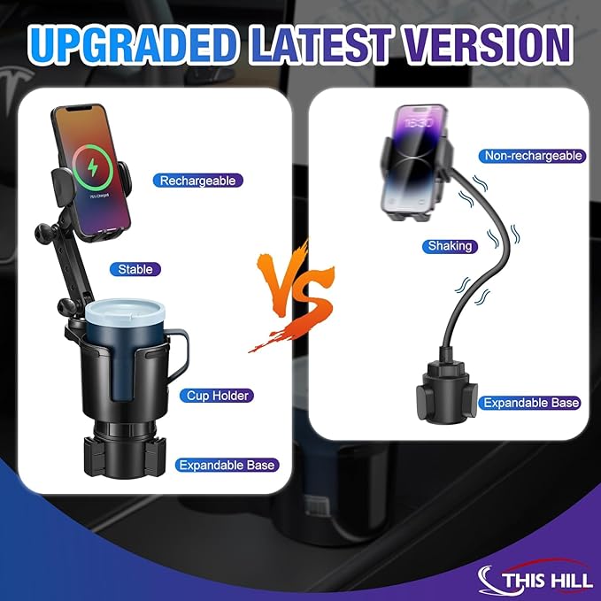 This Hill Cup Holder Phone Charger, 15W Fast Charging Auto Clamping, Phone Holder for Cup Holder Charger with Adjustable Base & 360° Rotation Compatible for All Smartphones(with Car Adapter)