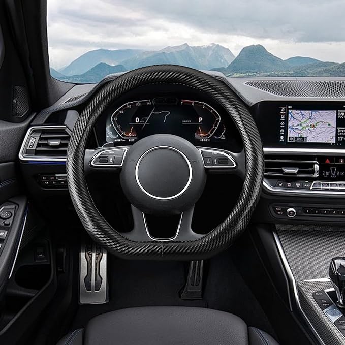 Ergocar Carbon Fiber Material Steering Wheel Cover Anti-Slip Breathable Sweat Absorbent Fashionable Sport Steering Wheel Sleeve for D-Shaped Diameter 15"（37.5-38cm）-Black