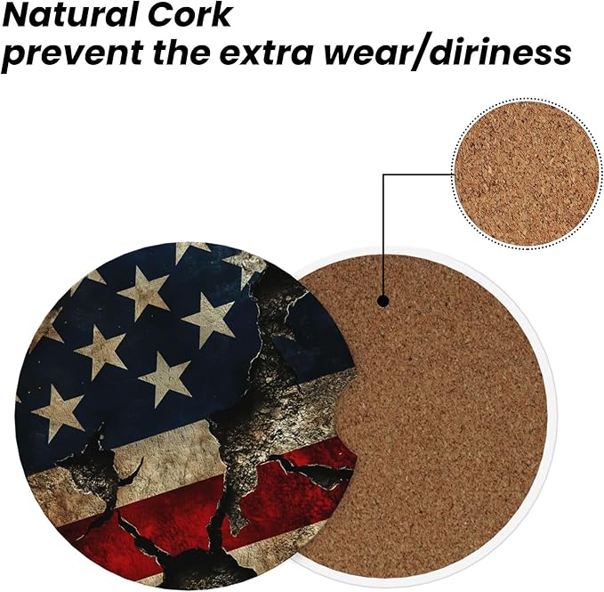 Absorbent Car Coasters for Cup Holders, 2 Pack Universal Anti Slip Ceramic Cup Coaster for Women Men 2.56 Inch Car Interior Accessories - Vintage American Flag 011