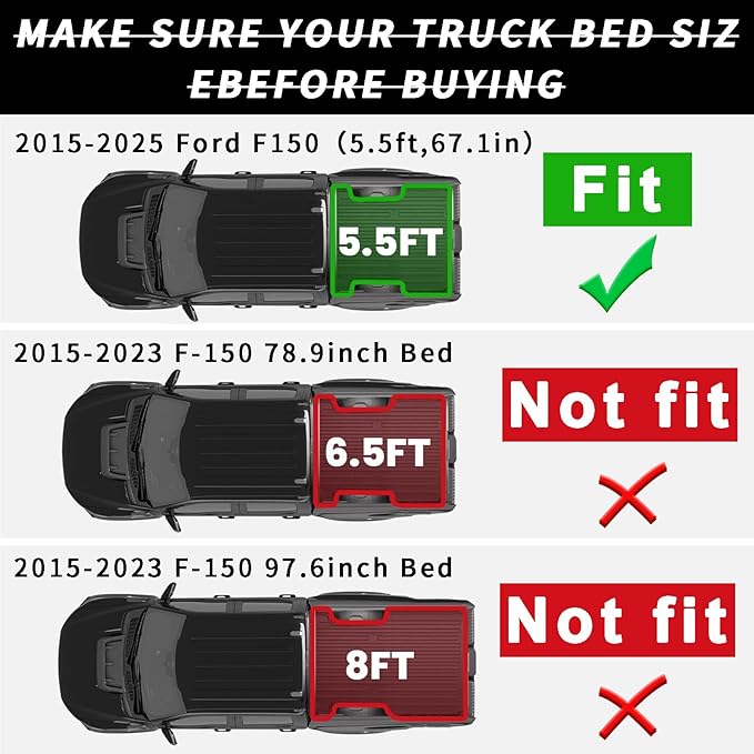 Truck Bed Mat for Ford F-150 2015-2025 (5.5ft,67.1in) (Including F-150 Lightning 2022-2024) - All Weather TPE Protector-Black