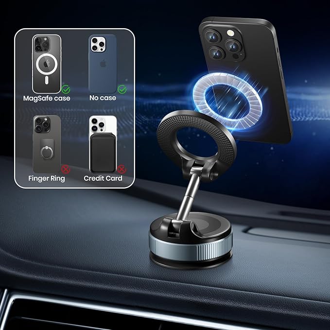 Upgraded 360° Vacuum Magnetic Phone Holder, Vacuum Suction Magnetic Phone Mount with Foldable Phone Holder for Car/Gym/Mirror/Smooth Surface, Suitable with All Smartphones (K007 Black)