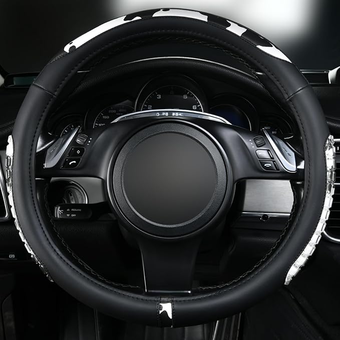 Flying Banner car Steering Wheel Cover Gel Massage Velvet Cool Warm Universal Size 15 inches SUV Truck Anti Slip Odorless Summer Winter (Black Cow Print, Gel Massage)