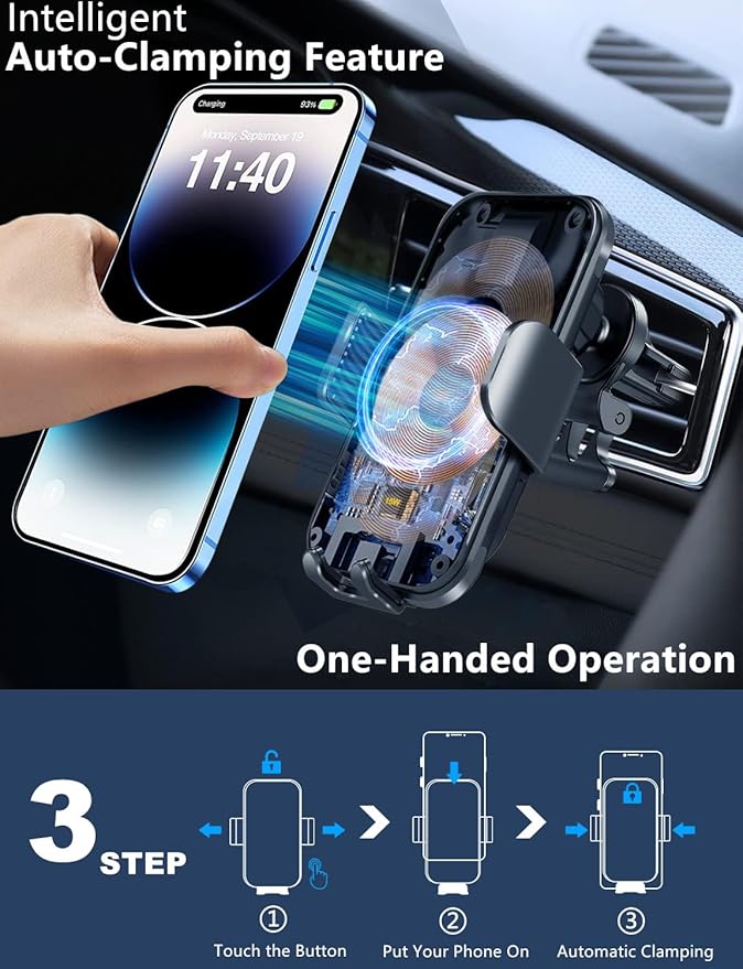 Wireless Car Charger for Samsung Galaxy Z Flip, 15W Charging [AUTO MOVING COIL], Dash Air Vent Auto-Clamping Car Phone Holder Charger Mount Wireless Charging for iPhone 17/16/15, Galaxy Z Flip 7/6/5/4