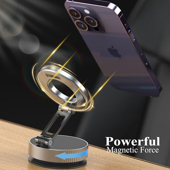 Vacuum Magnetic Phone Holder for Car,Full Metal Body,Vacuum Suction Phone Mount,Magsafe Car Mount for iPhone, Folding Holder for iPhone and Android (White)