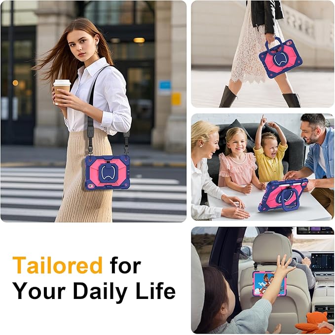 Case for iPad A16 11th/10th Generation 11 inch/10.9 inch 2025/2022, Ubearkk for iPad a16 case with Screen Protector, 360 Degree Rotating Stand Shoulder Strap Pencil Holder, Navy Pink