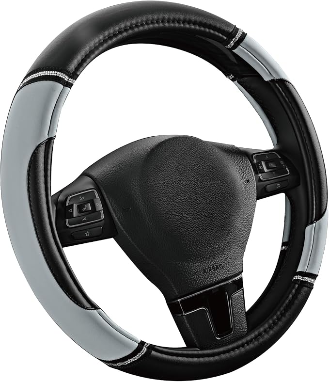 Road Comforts Leather Steering Wheel Cover - Made with PVC Leather - Anti-Slip, Universal Fit 14 1/2 inches to 15 inches - Gray