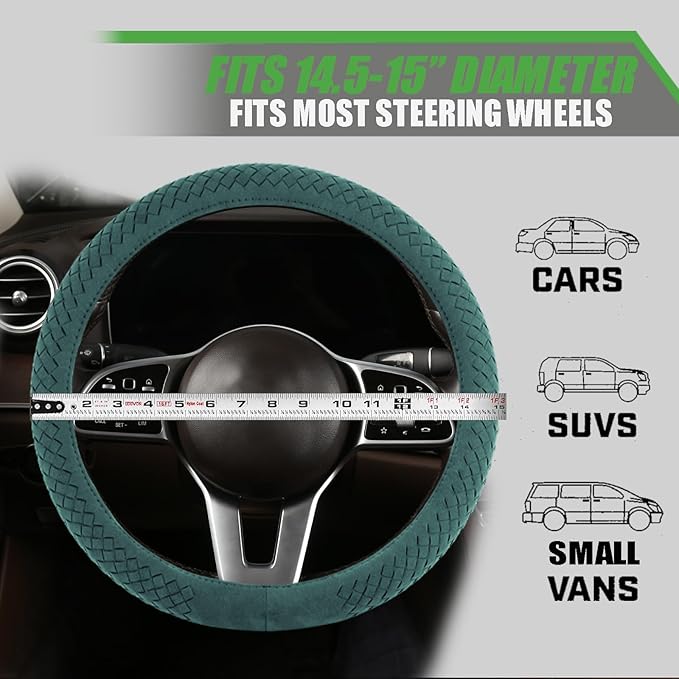 Suede Steering Wheel Cover with Upgraded Silicone Inner Ring, Breathable, Anti-Slip, Leather Universal 14.5 to 15 Inch Steering Wheel Cover (Green with Handwoven Craft)