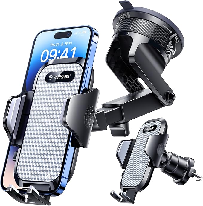 VANMASS [True Military-Grade] Car Phone Holder [Best Suction & Clip] Cell Phone Mount for Dashboard Windshield Vent Truck Cradle Dash Stand for iPhone 15 Pro Max 14 13 12 Android, White