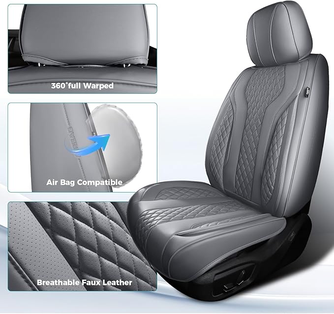 Leather Car Seat Covers - Breathable Faux Leather Seat Covers Full Set for Cars SUV Sedan - Waterproof - Grey