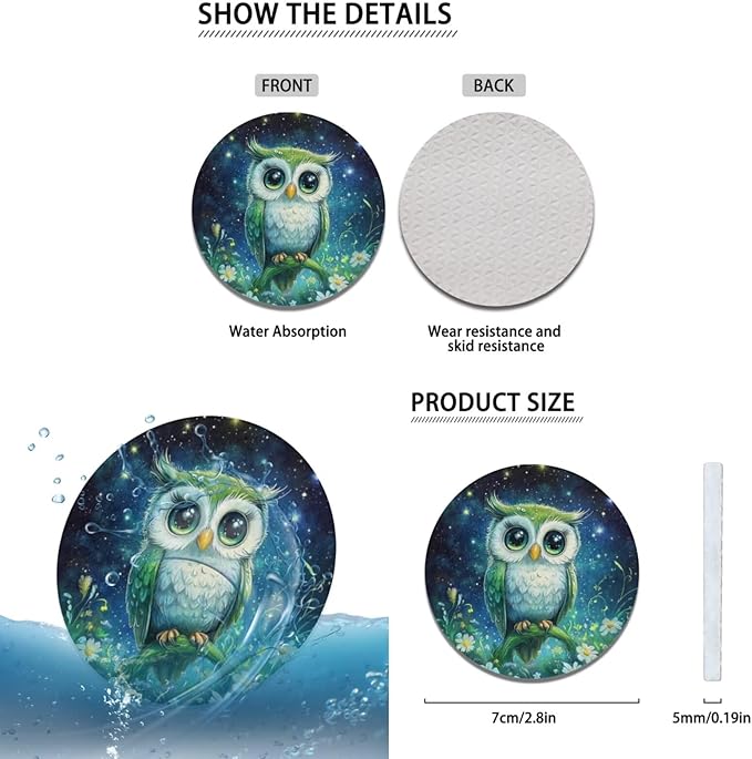 Galaxy Night Owl Car Steering Wheel Cover Set 6 Pcs Animal Owl Print Cup Holder Armrest Pad Gear Shift Cover,Car Handbrake Covers Auto Accessories for Men Women