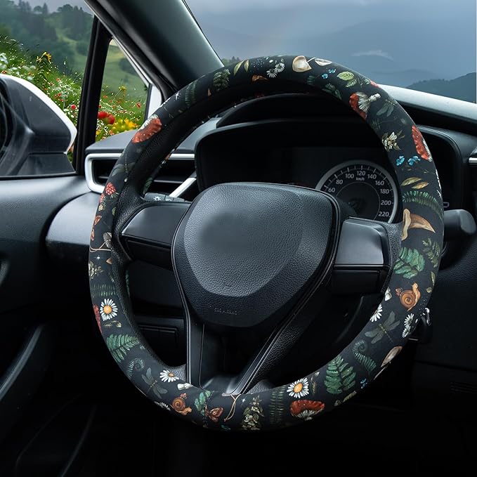 Woodland Fern Moth Dragonfly Mushroom Amanita Steering Wheel Cover Auto Steering Wheel Protector, Anti-Slip, Breathable, Absorbing Sweat, Universal Car Accessories 14.5–15 inch