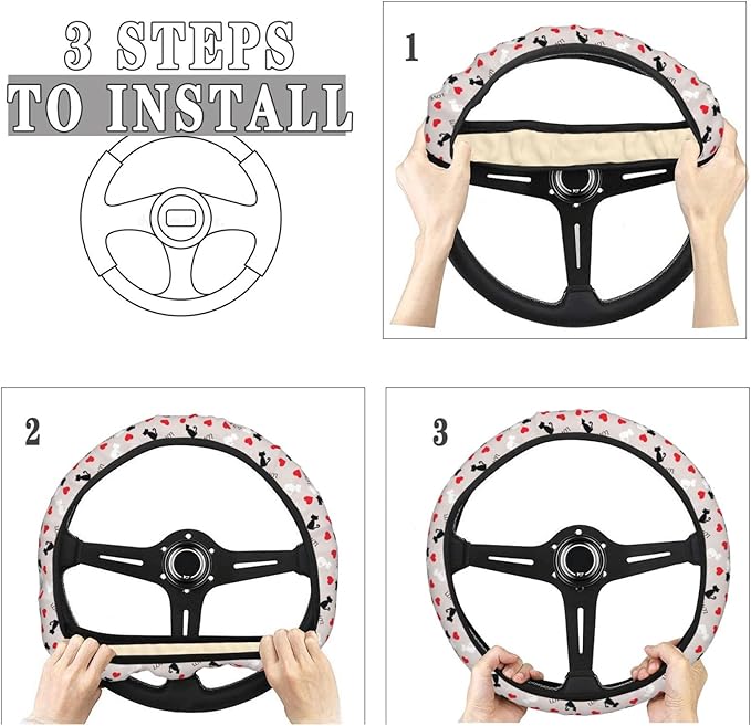 Dujiea Cats On A Love Elastic Stretch Steering Wheel Cover, Anti-Slip and Durable Car Steering Wheel Accessories for Women Men, 15 Inch Universal Fit Car, Truck, SUV