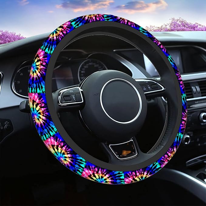 Swono Tie Dye Auto Car Steering Wheel Cover for Women Girls Rainbow Shibori Print 15 Inch Steering Wheel Protector Case,Fits for Automotive Car SUV Sedans