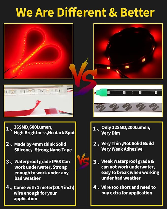 YM E-Bright LED Strip Light 30CM Waterproof for Car Motorcycles Decoration Vehicle Interior Exterior DRL Daytime Running Flexible DC12V,Red(Pack of 4)