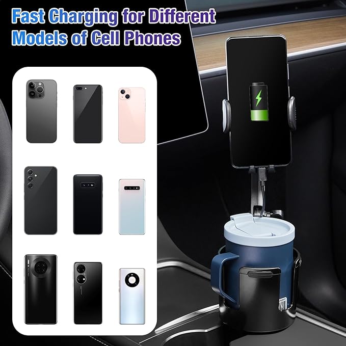 This Hill Cup Holder Phone Charger, 15W Fast Charging Auto Clamping, Phone Holder for Cup Holder Charger with Adjustable Base & 360° Rotation Compatible for All Smartphones(with Car Adapter)