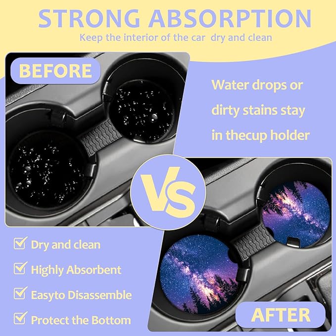 2 Pack Car Cup Holder Coaster-Misty Forest Absorbent Ceramic Coaster,Galaxy Car Coasters for Cup Holders,Auto Accessories for Women & Men