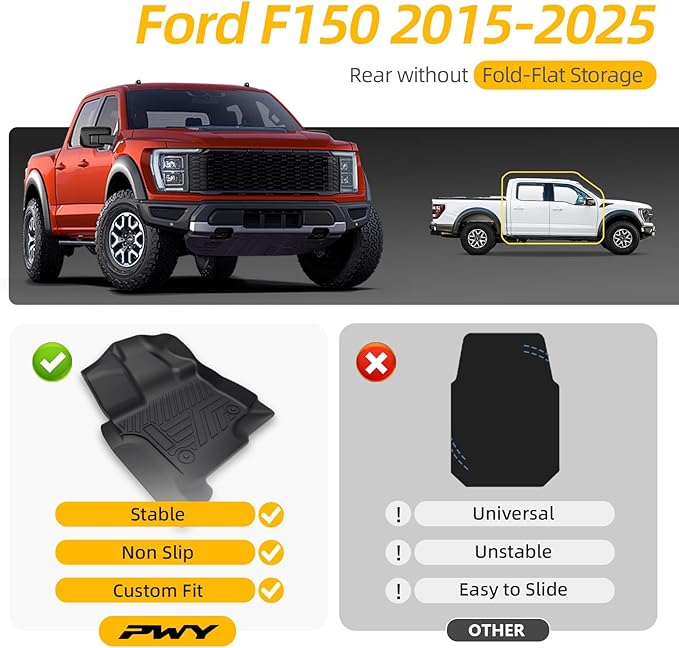 PWY Car Mats for Ford F150 2015-2025 / F-150 Lightning SuperCrew 2022-2025 (Rear w/o Fold Flat Storage), Custom Truck Mats, TPE Heavy Duty Floor Liners, All Weather Car Liners, 3PCS Truck Accessories