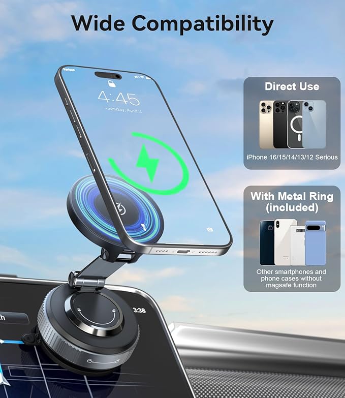 15W Fast Charging Magnetic Car Phone Holder, New Elastic Suction Cup Phone Holder with Stronger Suction, 360° Adjustable Wireless Charger Car Mount for Magsafe iPhone 17 16 15 14 13 12