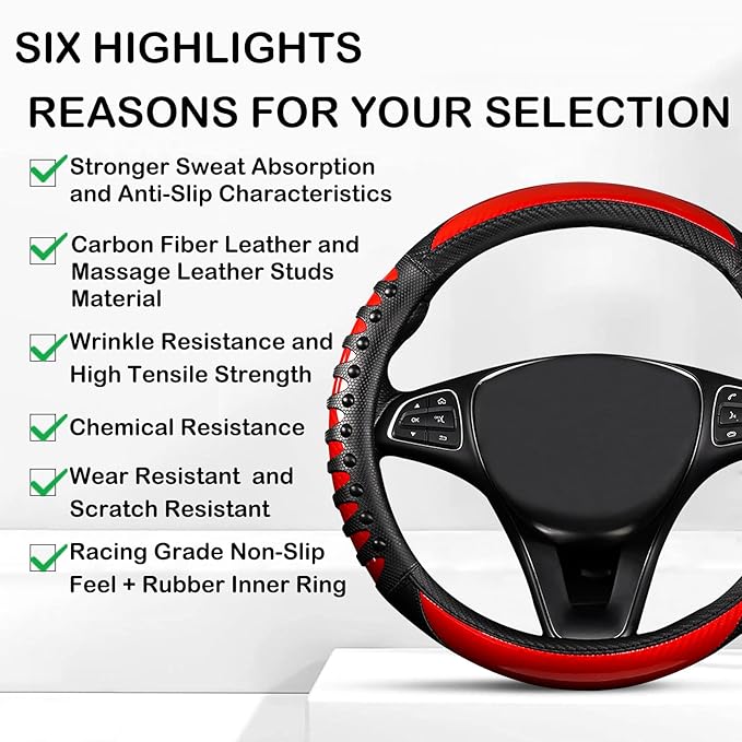 3D Massage Red Carbon Fiber Leather Steering Wheel Cover, 14.5-15 Inch Non-Slip Breathable Microfiber Car Steering Wheel Protector