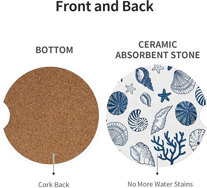 Absorbent Car Coasters for Cup Holders, 2 Pack Universal Anti Slip Ceramic Cup Coaster for Women Men 2.56 Inch Car Interior Accessories - Blue Sea Shell 013