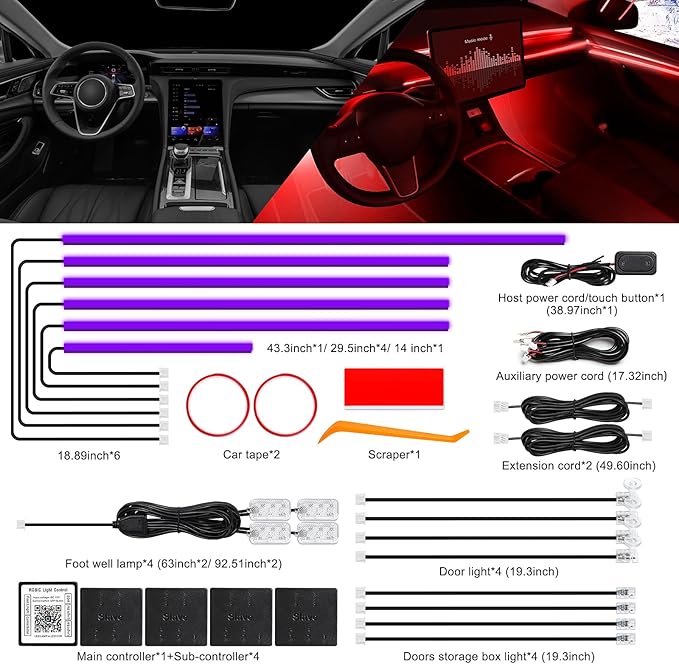 Acrylic Interior Car LED Strip Light with Wireless APP, RGB 18 in 1 with 175 inches 612 LEDs Fiber Optic Strip Lights for Car, Dual Zone Music Sync Neon Car Ambient Lighting Kits